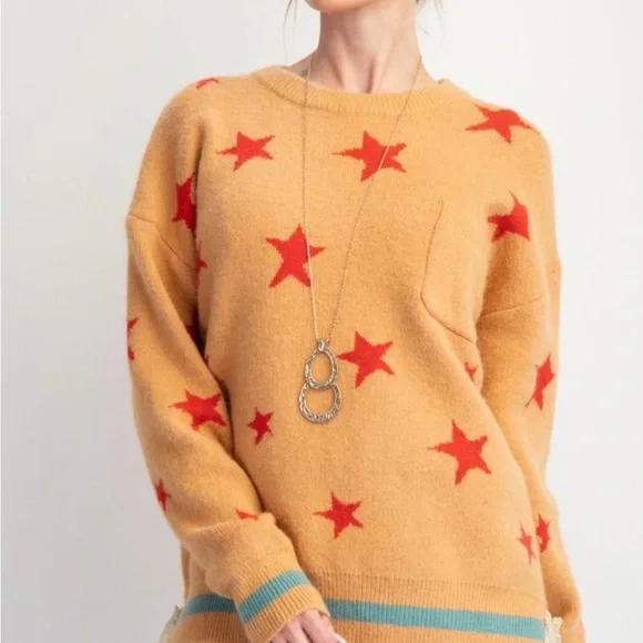 Easel Mustard Sweater with Red Stars - Picture 1 of 3